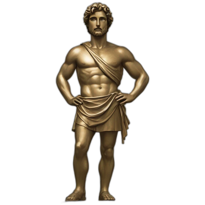 Grande estátua de um Homem romano sem roupa. Há destaque para sua v-line na cintura e seu bico do peito enorme. Pau grande. emoji