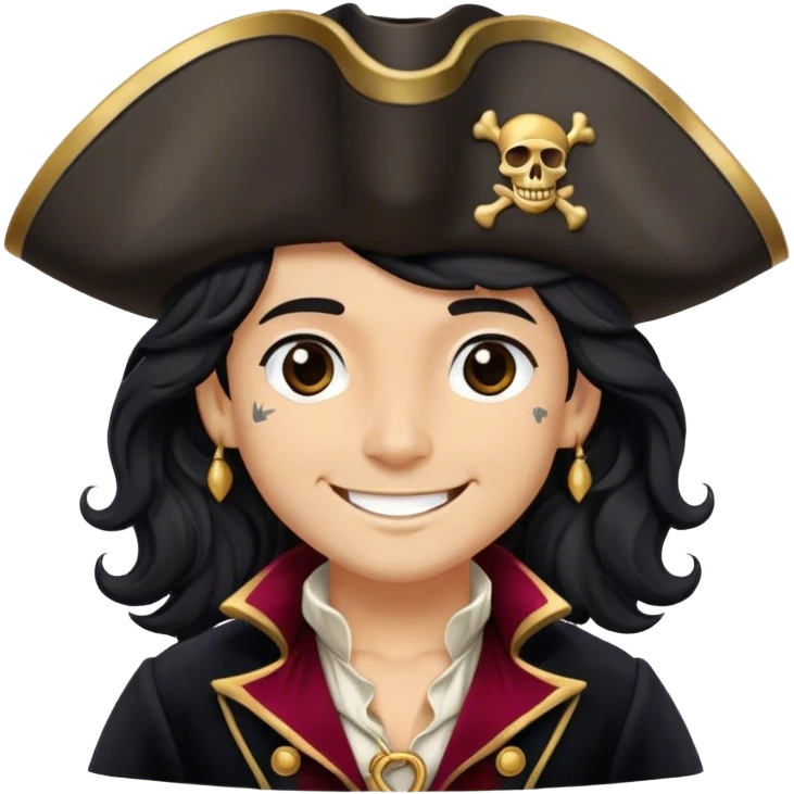 A charming pirate with wavy black hair, wearing a decorated tricorn hat and a velvet coat, smiling confidently emoji