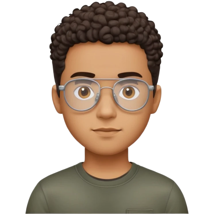 Young Latino man with small oval face, big forehead, aviator glasses, shaved sides with short curly hair on top, neutral-friendly expression, brown skin, black t-shirt emoji