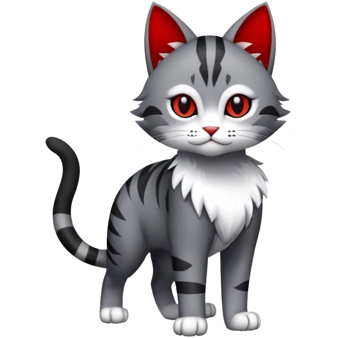 Cute cool black red white grey feline-animal-hybrid-Fakemon full body emoji