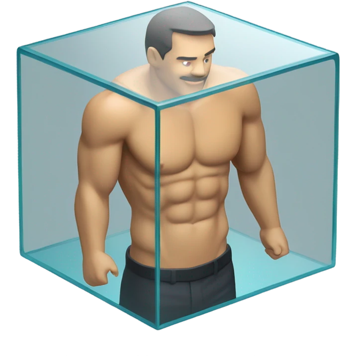 man abs inside a glass cube isometric view emoji