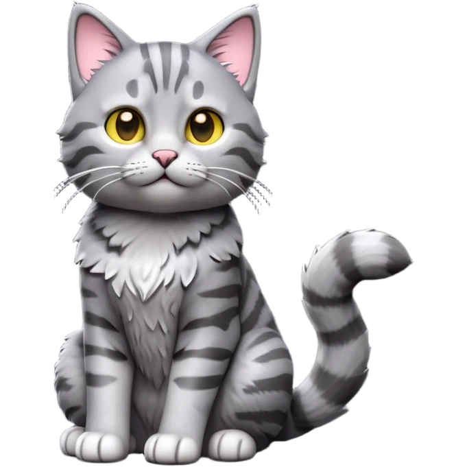 cinematic-[grey tabby cat]-realistic-full-body-sitting-emoji,-tail-curled-playfully-around-its-paws,-head-tilted-dramatically,-scruffy-[grey]-fur,-simplified-yet-realistic-focused-features,-highly-detailed,-glowing-with-an-almost-sarcastic-glow emoji