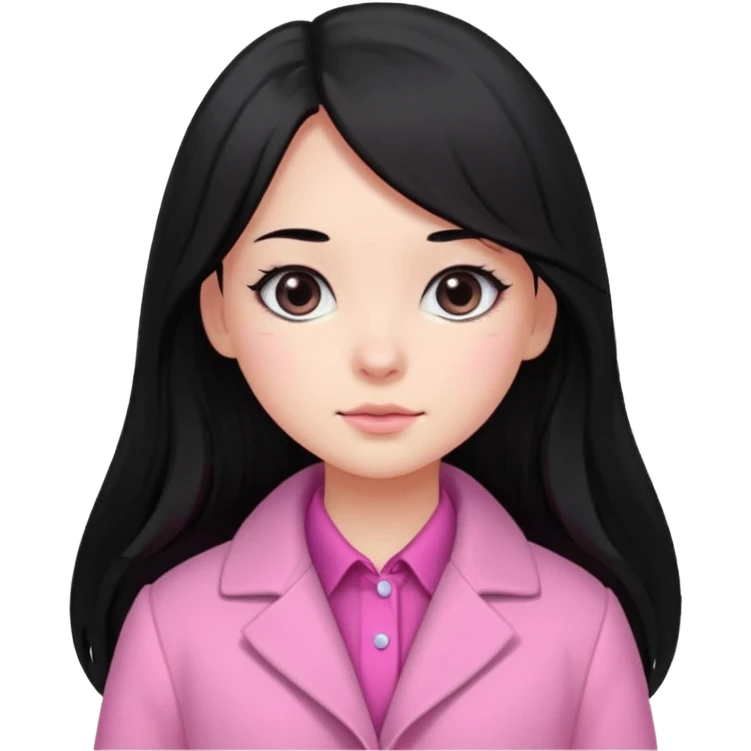 A cute girl, long black hair with 🎀, black eyes, wearing a pink coat and a pink shirt inside  emoji