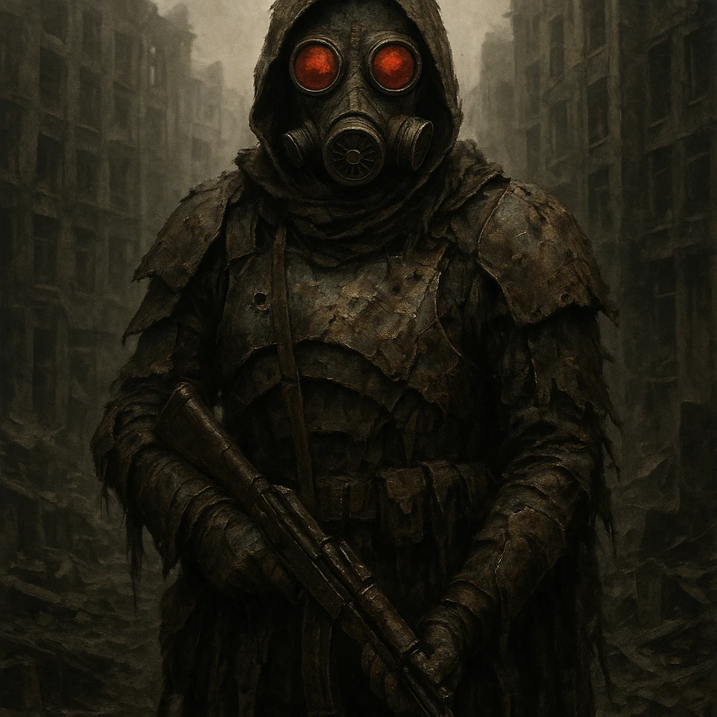 post apocalyptic soldier in tattered armor, gas mask with red lenses, urban ruins background emoji