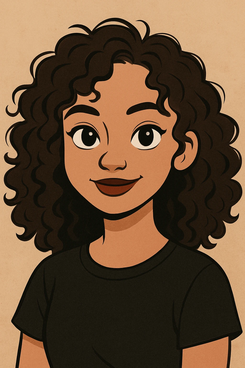 cartoon style portrait of a girl with 2b dark brown curly hair, brown eyes, brown lips, light morena skin, wearing a black t-shirt emoji