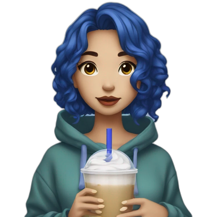 beautiful girl with midnight blue hair, hoodie, drinking boba emoji