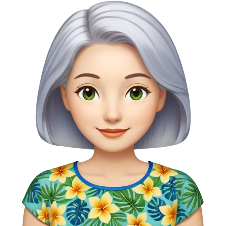 A woman with light complexion, oval face with soft rounded features, full cheeks, gentle almond-shaped eyes with subtle smile lines, longer silver-gray hair parted to the side, wearing a vibrant short-sleeved blouse with tropical print in blue, green, and yellow, exuding warmth and joy. emoji