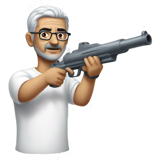 Turkish man with grey hair and protective glasses and white t-shirt aiming a water gun with one hand while standing sideways emoji