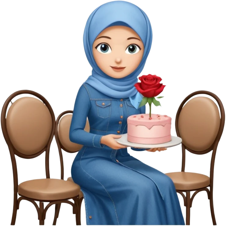 Turkish beautiful finish Konya girl blue eyes with denim hijab long tail dress and sits on the modernized coffee house on a white chair and holds rose cake with her hand  emoji