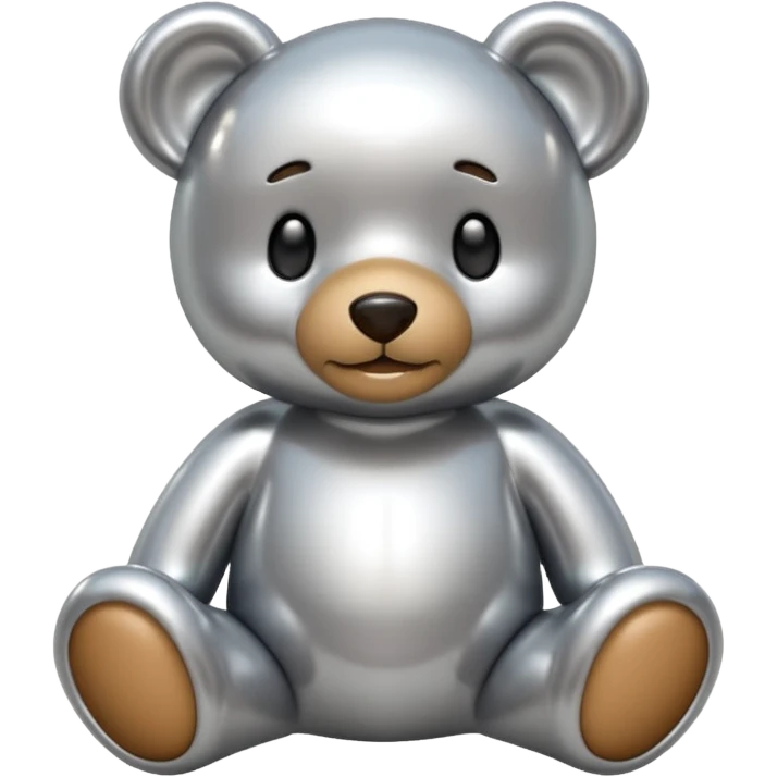 A cute teddy bear emoji made of liquid silver chrome, smooth rounded body, glossy metallic surface, soft reflections, friendly proportions, iOS emoji style, centered, clean white background emoji