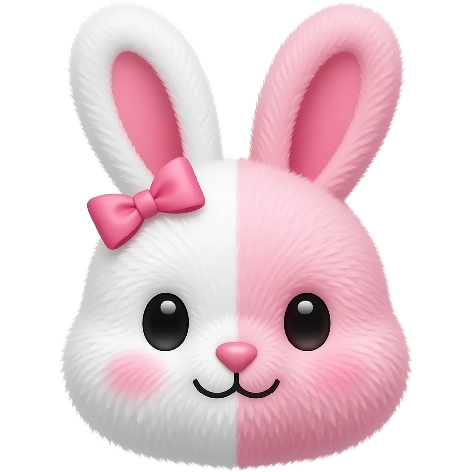 Um coelho de pelúcia metade branco é rosa as duas metafes com a cara fofa lacinho rosa ela se chama monomi emoji