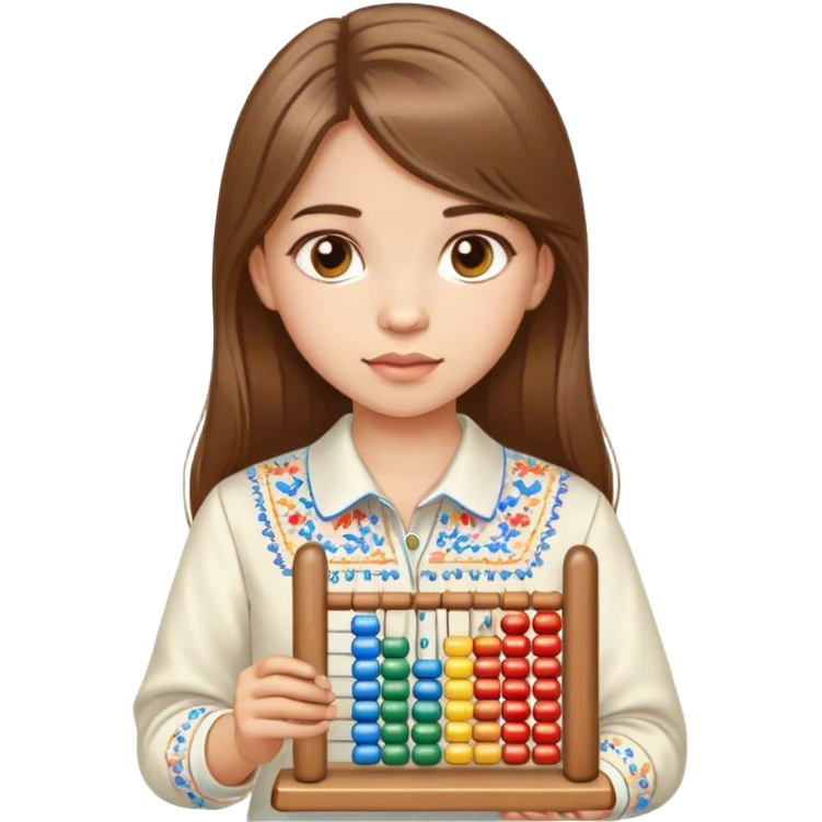 A Ukrainian girl with brown hair in an embroidered shirt holds an Abacus emoji