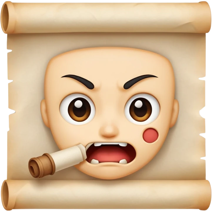 determined cartoon face biting on a small parchment scroll, anime-inspired style emoji