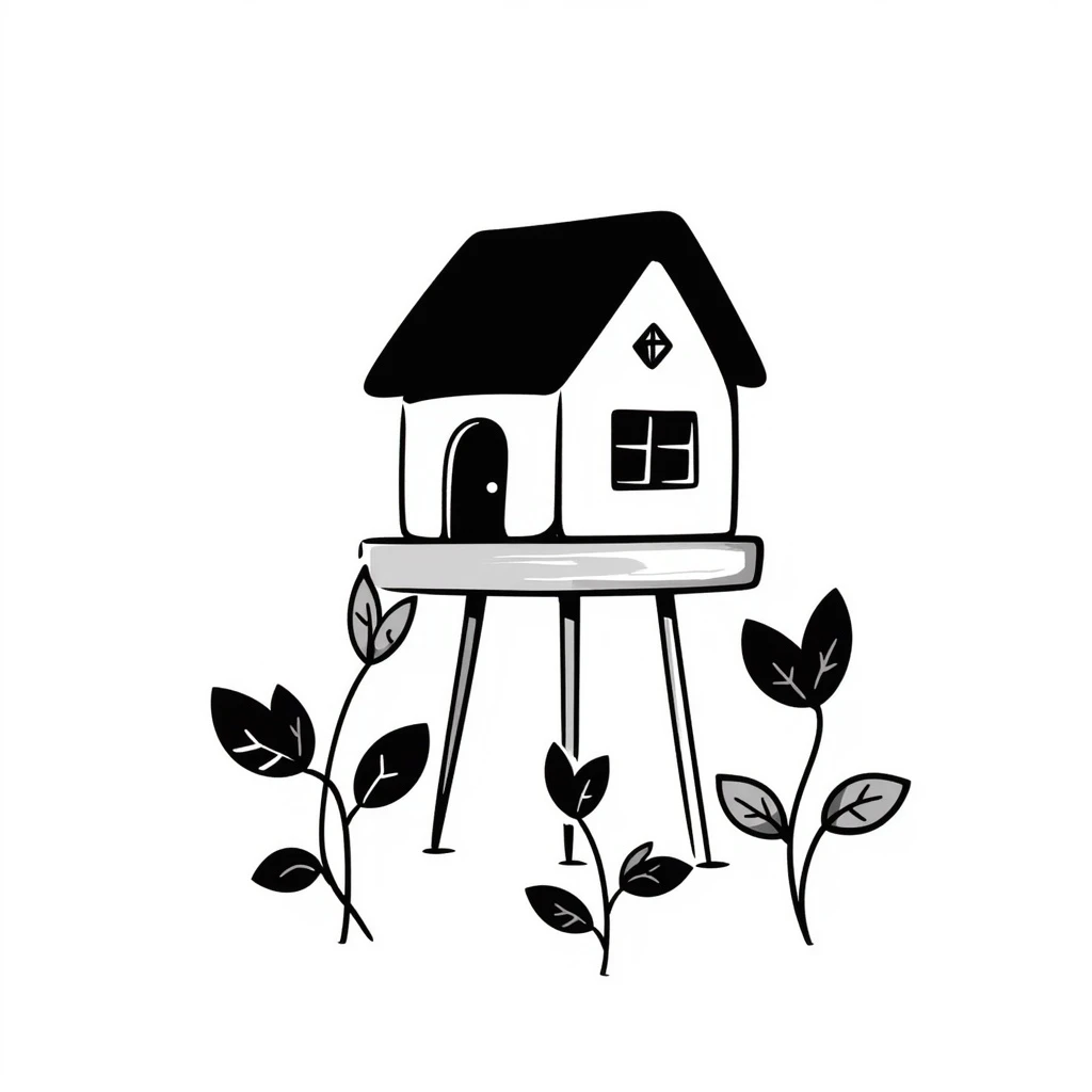 a house with a platform and plants, hand-drawn doodle style emoji
