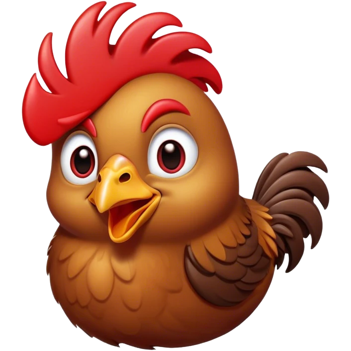 Cinematic Comical Brown Chicken Portrait Emoji, Head tilted dramatically with an exaggeratedly amused expression, featuring a striking, glossy brown plumage with a vibrant red comb, wide, expressive beady eyes filled with playful disbelief, Simplified yet hilariously expressive features, highly detailed, glowing with a slightly sassy glow, high shine, dramatic yet playful, stylized with an air of cheeky mischief, bright and endearing, soft glowing outline, capturing the essence of a spirited and over-the-top chicken, so meme-worthy it feels like it could cluck its way into internet fame instantly! emoji