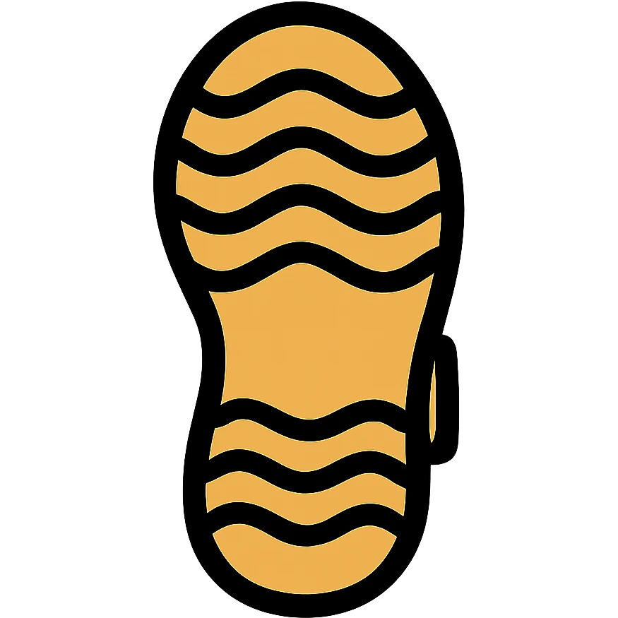 Create an emoji style sandal sole, matching the reference image, with a more cartoonish tread pattern, viewed directly from the bottom, classic emoji look. emoji