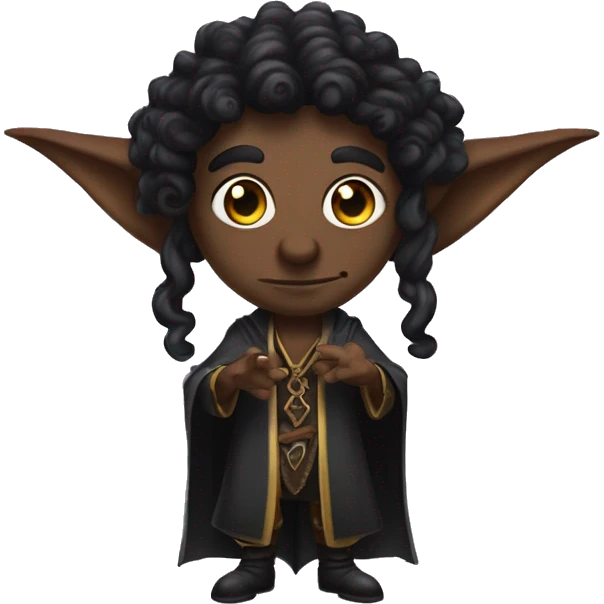  A black male high elf that is a witch fortune teller that has large, pointed ears with long black curly hair past his back emoji