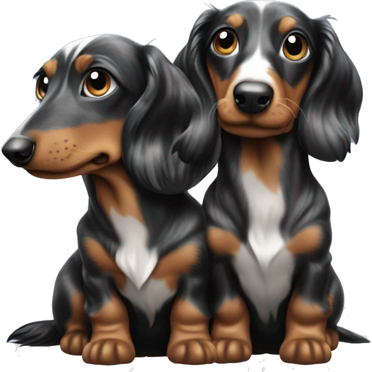 Two identical tri black merle long hair dachshunds together  emoji