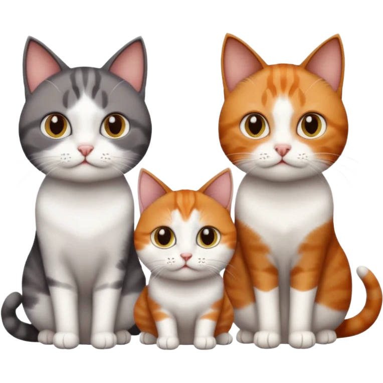 3 different coloured short haired cats including; a dark brown tabby and white cat, and a dark grey and white and a ginger and white emoji