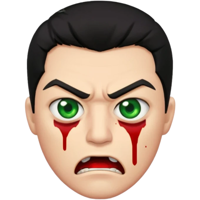 guy with black hair and blood at the mouth with green eyes very angry emoji