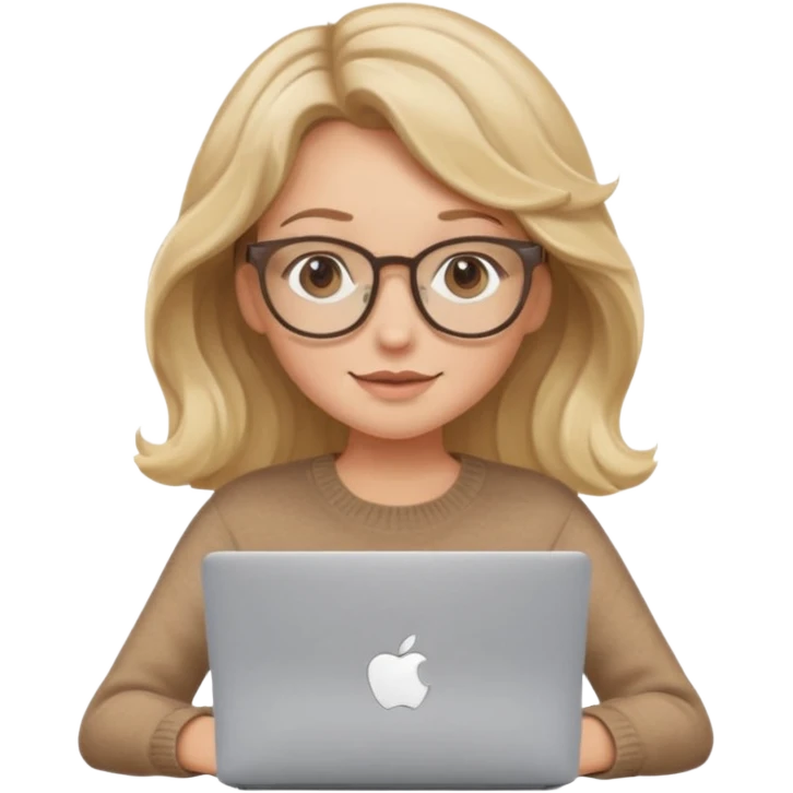 upper body view: blonde girl with dark blonde wavy hair, wearing pantos-style glasses and a brown sweater, sitting with a laptop, flat vector design, soft pastel colors, white background, Apple emoji style, upper body shot emoji