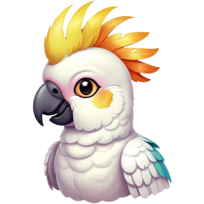 Cinematic Cute Cockatoo Portrait Emoji, Head tilted playfully and inquisitively, featuring a charming, fluffy form with a vividly colored crest, round, sparkling eyes full of playful wonder, and a soft, curved beak, Simplified yet irresistibly adorable features, highly detailed, glowing with a warm, inviting tropical glow, high shine, affectionate and lively, stylized with a touch of whimsical avian charm, soft glowing outline, capturing the essence of a mischievous yet loving cockatoo that seems as if it could flutter out of the screen into your arms! emoji