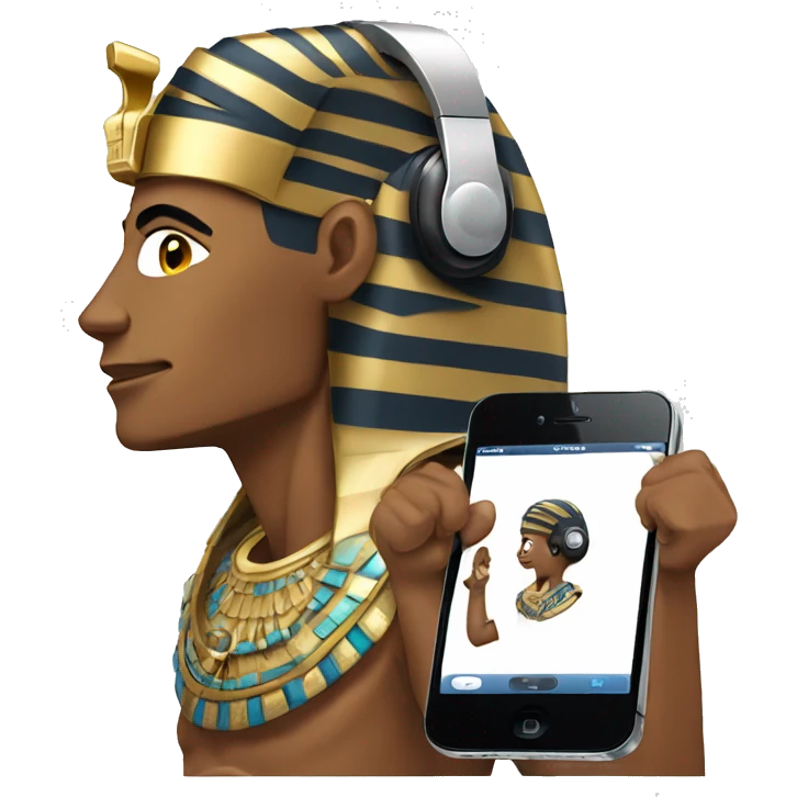 Pharaoh in headphones with an iPhone emoji