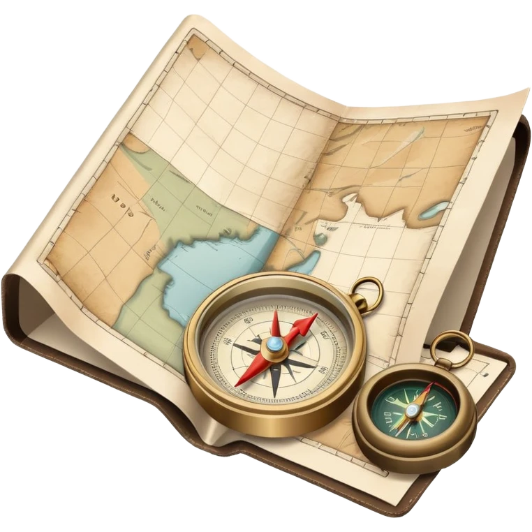 Folded travel map and compass with muted colors, not vibrant emoji