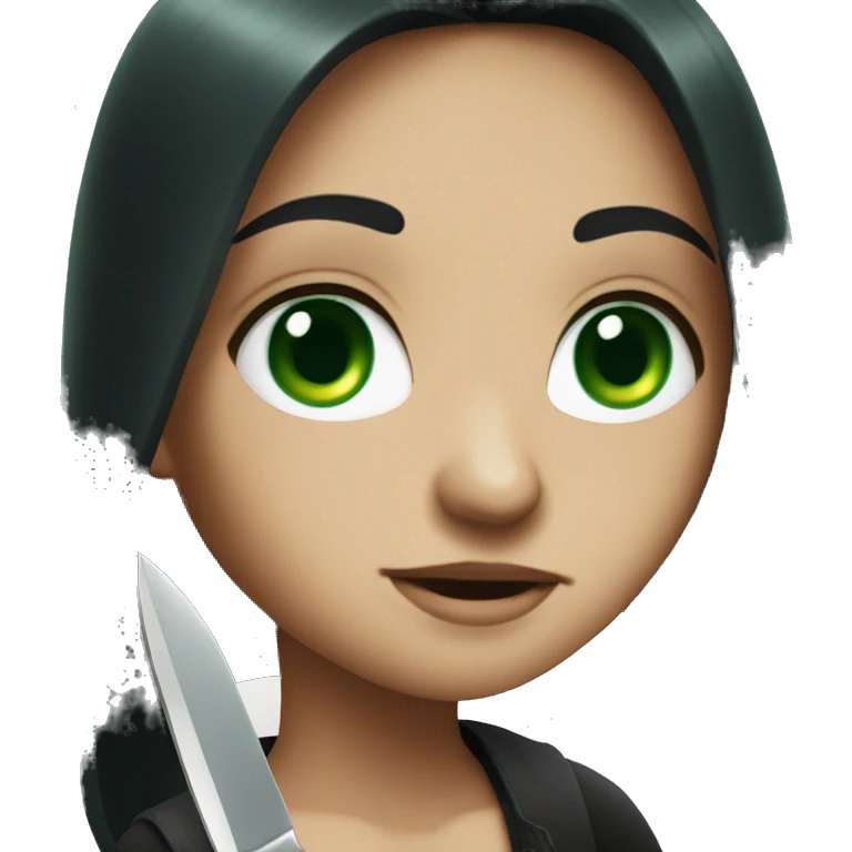 Long black hair green eyes with knife emoji