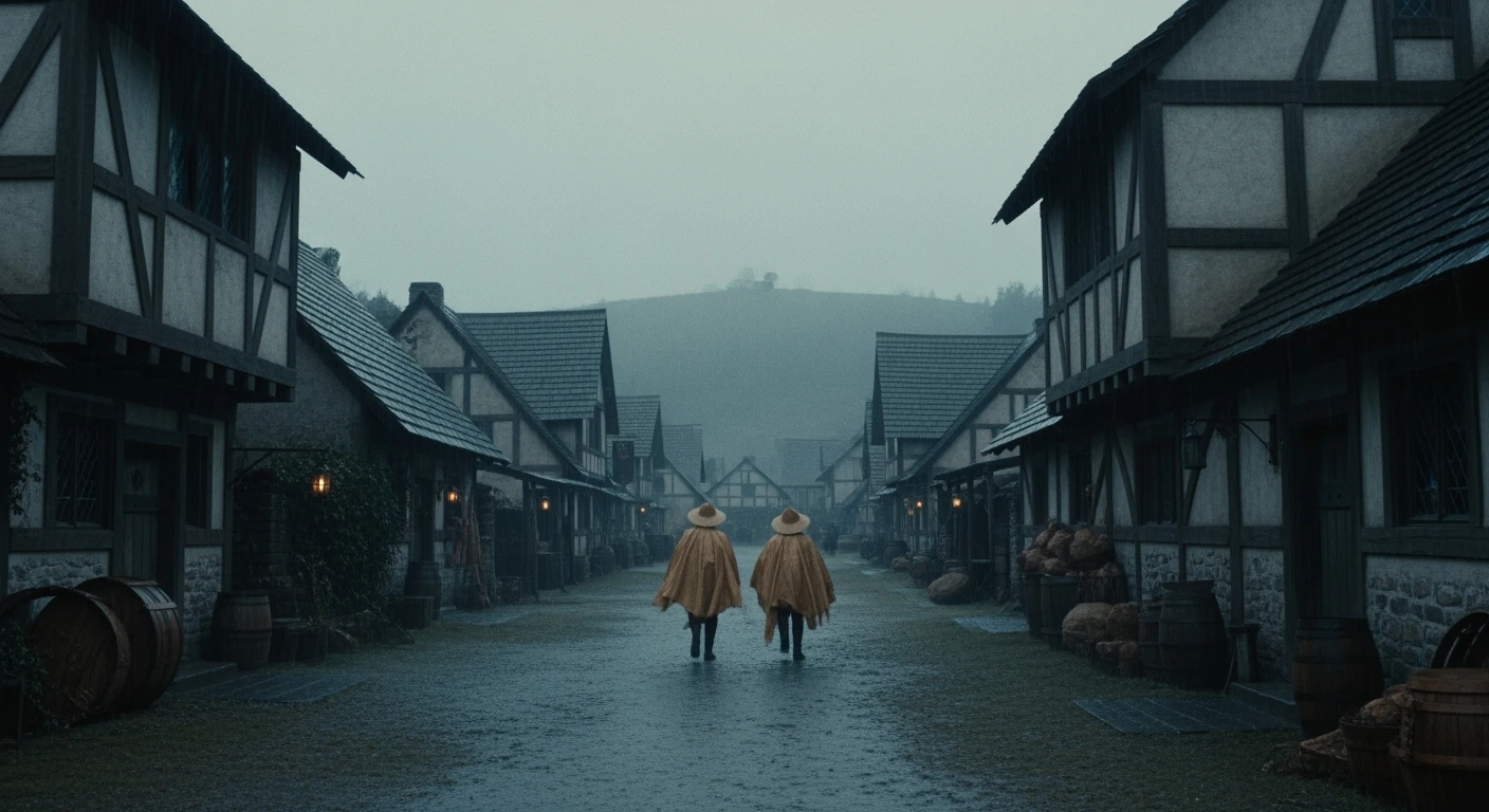 A cinematic scene from 1185, motion blur, wide shot of a rainy village, two figures in straw raincoats approach a hill, symmetrical, gray-blue palette, tense, Arri Alexa, Wes Anderson. emoji