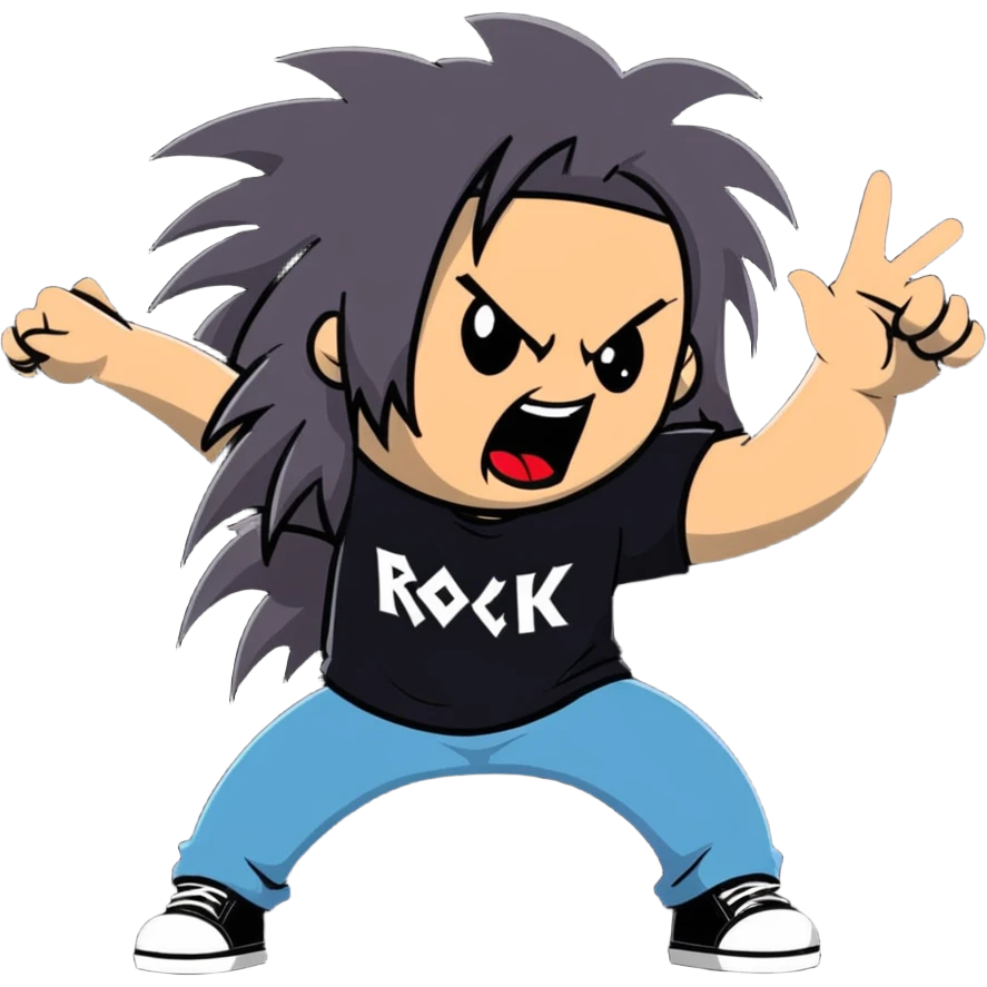A metalhead headbanging with long hair, wearing a rock band t-shirt, excited expression emoji