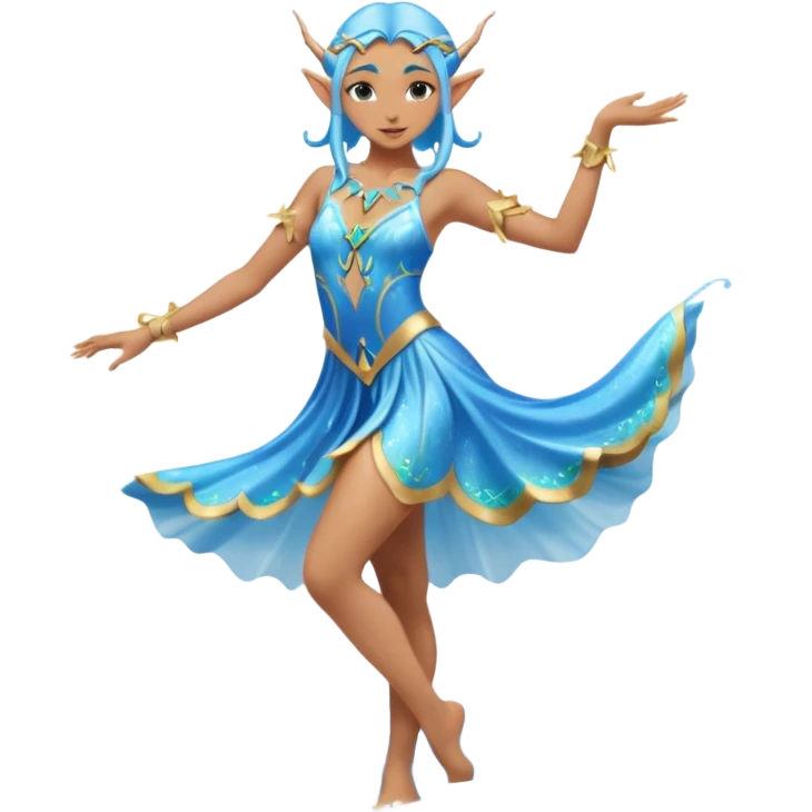 elf female dancer with water-like dress, graceful pose on wet sand, splashes, pointy ears, serene expression, centered emoji, ethereal blue colors emoji