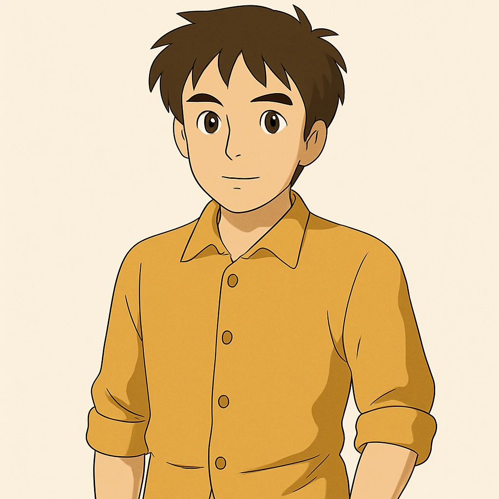 Make the man stand facing forward in a relaxed, casual pose, Ghibli style. emoji