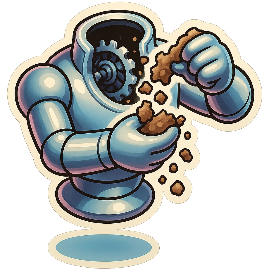 hovering robot. stuffs material into large hole on its top with 2 arms. no head. hole is where a head would be. spinning gears and blades in hole grind material.  3/4 view. between realism and cartoon. well lit. no dramatic lighting. metallic shiny robot. works diligently. drake humor emoji