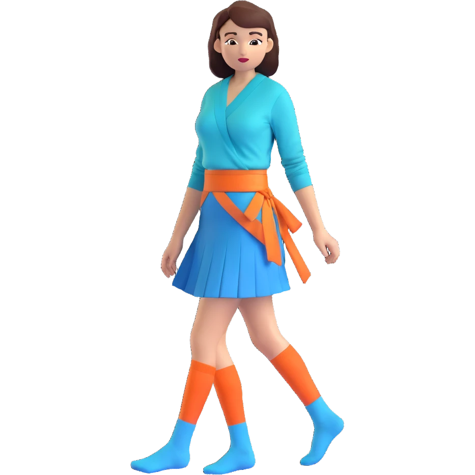 woman wearing teal wrap shirt, blue a-line skirt, light blue knee-high socks emoji