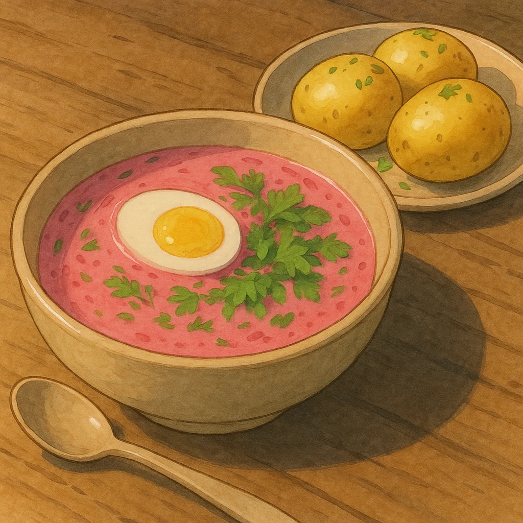 pink soup with egg and greens inside, boiled potatoes by its side, ghibli-inspired style emoji