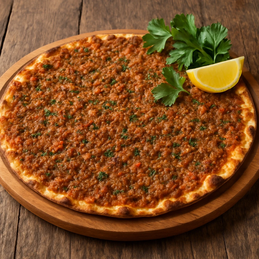 realistic lahmacun on a wooden board, garnished with parsley and a lemon wedge emoji