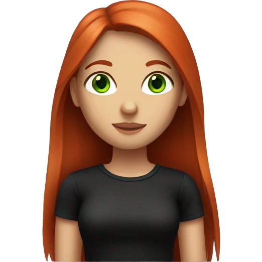 a girl in a black T-shirt with long straight red hair, freckles and green eyes emoji
