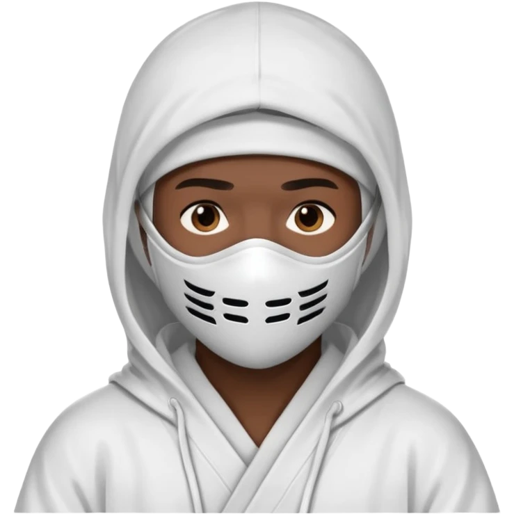 All white ninja robe with white mask to cover face and neck with a hoodie on and dark brown skin color emoji