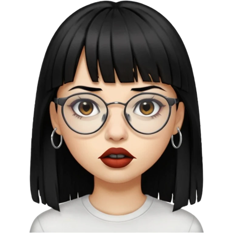 uma mulher snapchat icon, cor da pele normal, cabelo preto liso solto grande com franja vegana, curta, óculos pretos, com piercing na boca e nariz, olhos castanhos, camisa branca, a tela de fundo branca, coloque um piercing, um metal na boca e no nariz, cicatriz na sobrancelha, cor da boca preto,  emoji