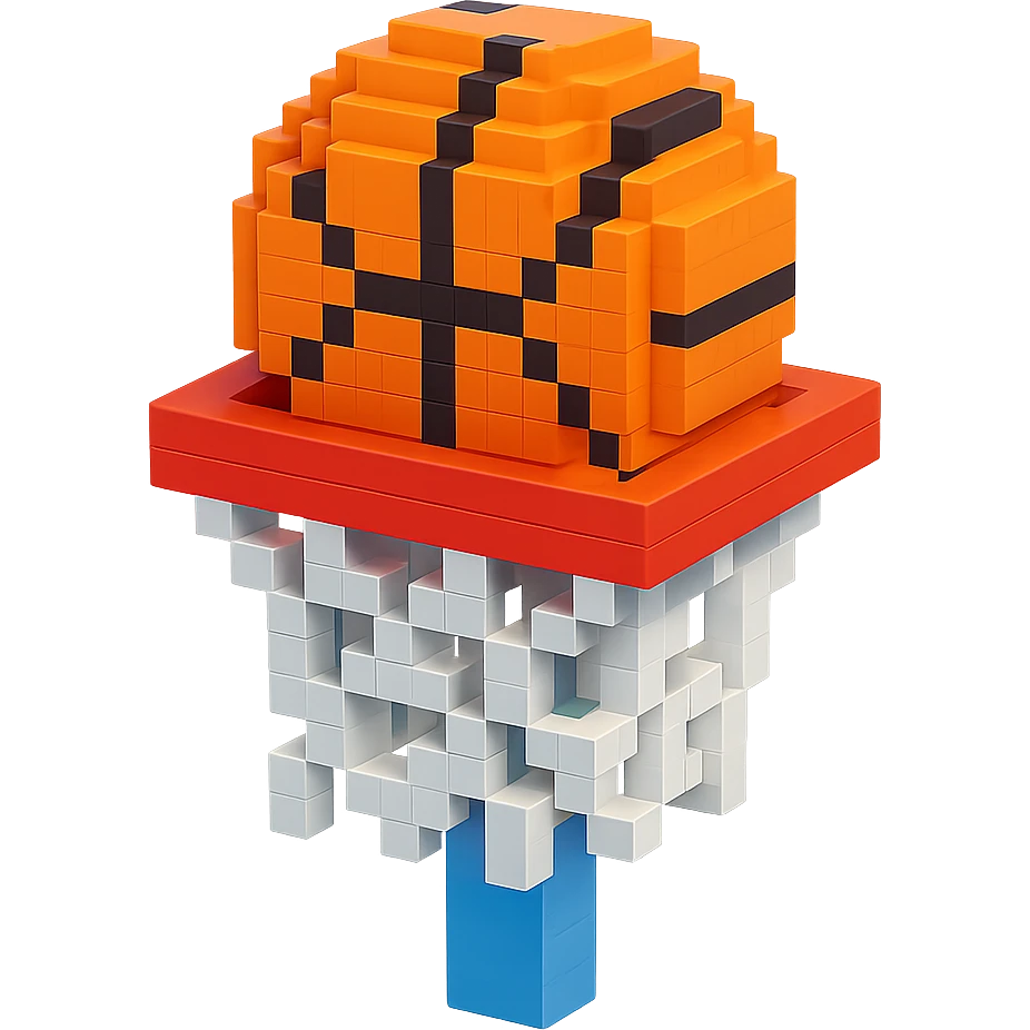 A voxel-style basketball in a net, variation 8 emoji