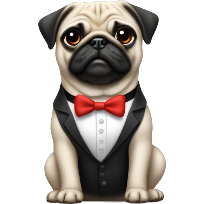 Make me a cute, but realistic pug wearing a black suit with a white undershirt wearing a red bowtie emoji