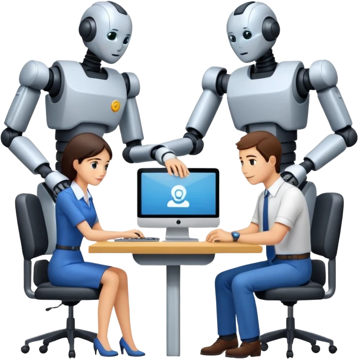 Digital Labour as an example of Agents at work in a workplace setting. I want to see a traditional office worker and a support co worker that is an AI Agent [Not a Robot]. emoji