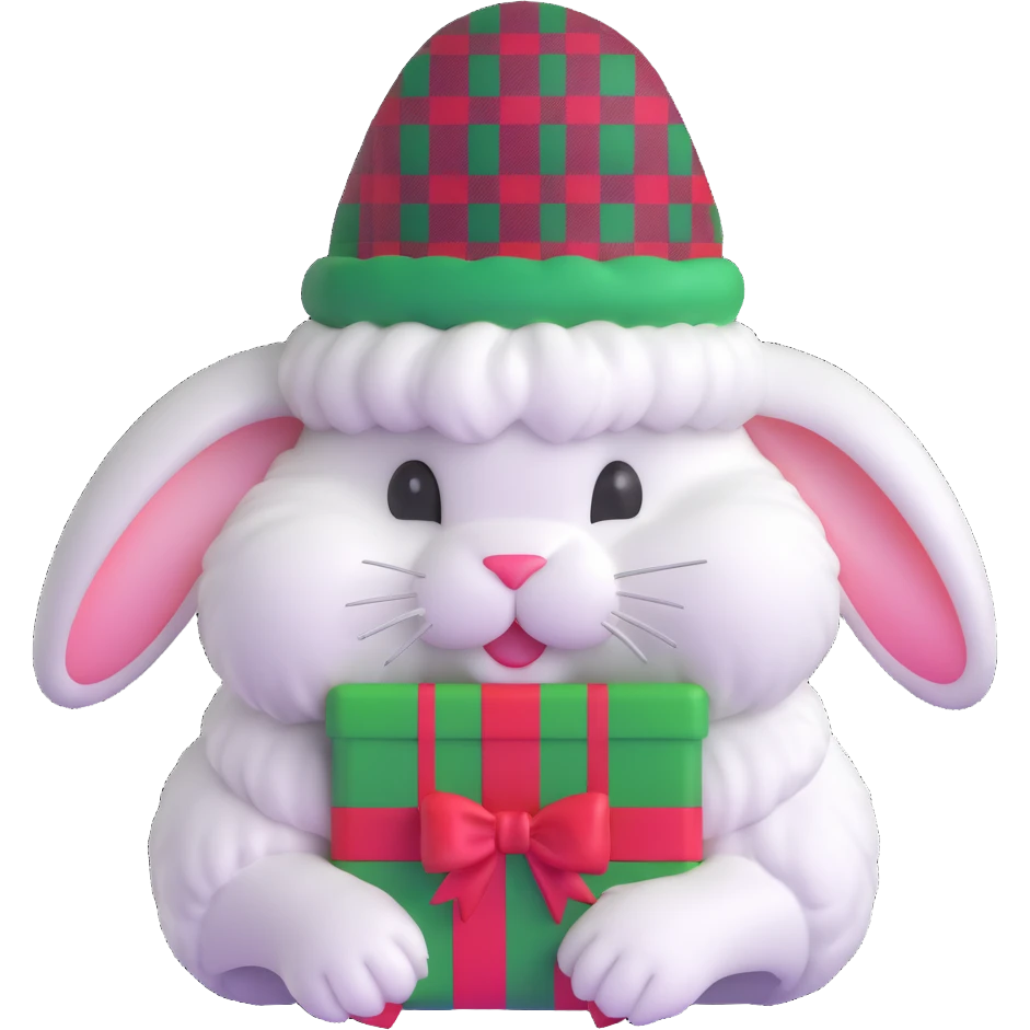 fluffy white angora rabbit wearing red and green plaid Christmas hat held in hands emoji