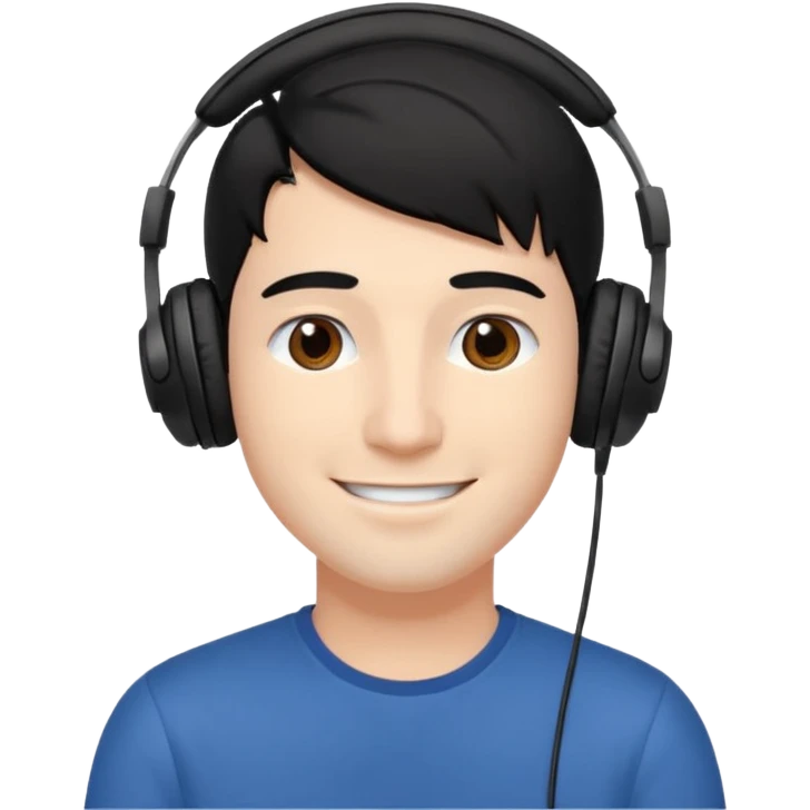 a fair-skinned guy with black hair and brown eyes, wearing headphones, looking happy and enjoying emoji