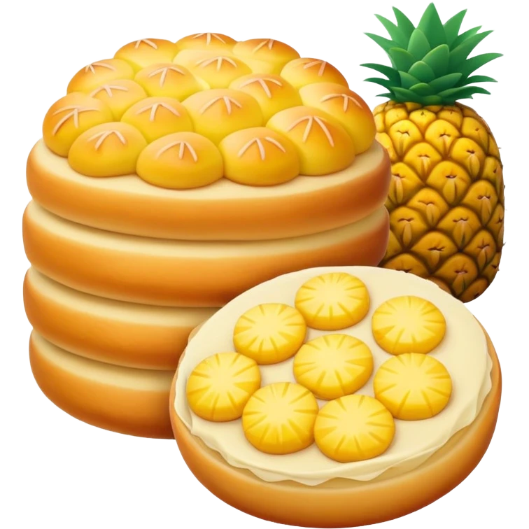 Chinese Pineapple Bun with crispy yellow top crust, simplified emoji style with bold outlines and bright colors, cartoon style Bolo Bao pastry emoji