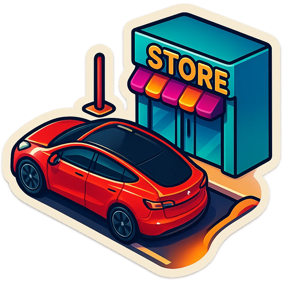 A Tesla Model Y parallel parking in front of a store, from above emoji