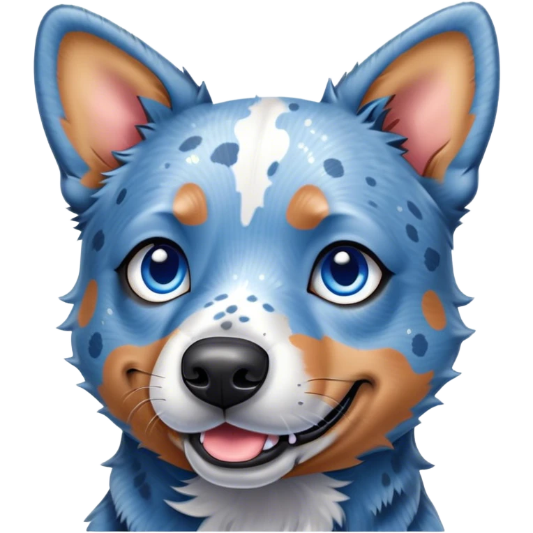 Cinematic Cute Blue Speckle Australian Cattle Dog Portrait Emoji, Head tilted playfully and inquisitively, featuring a vibrant blue speckle Fur with dynamic patterns, round, sparkling blue eyes filled with curiosity, Simplified yet irresistibly adorable features, highly detailed, glowing with a warm, friendly glow, high shine, affectionate and energetic, stylized with a touch of whimsy, bright and endearing, soft glowing outline, capturing the essence of a mischievous yet loving pup, so playful it feels like it could bound out of the screen and into your arms! emoji