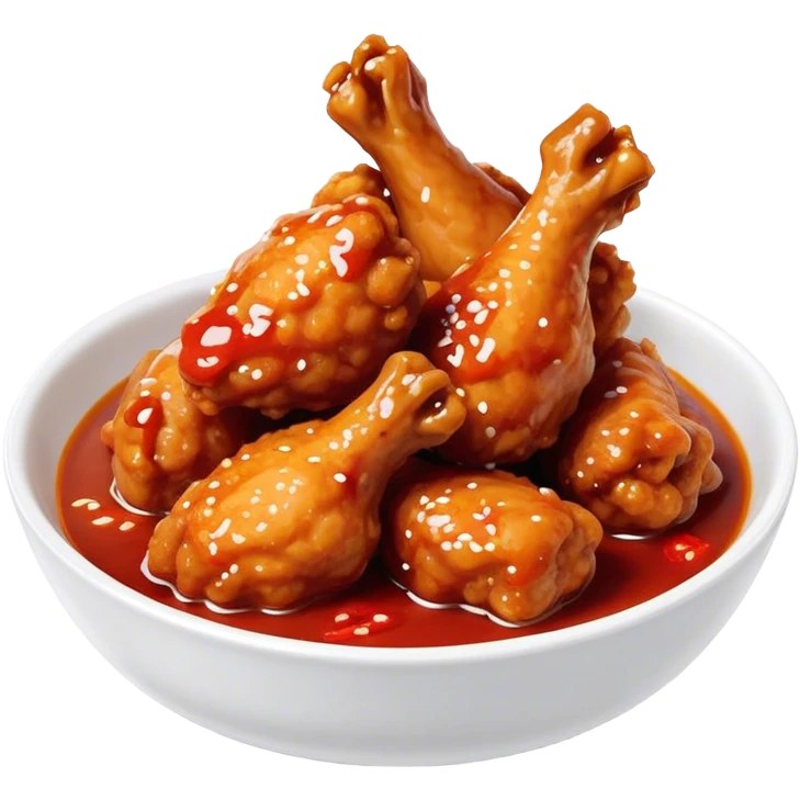 Korean Fried Chicken Cinematic Realistic Korean Fried Chicken Dish Emoji, depicted as bite-sized chicken chunks generously coated in a glossy, spicy sauce, in a bowl. emoji