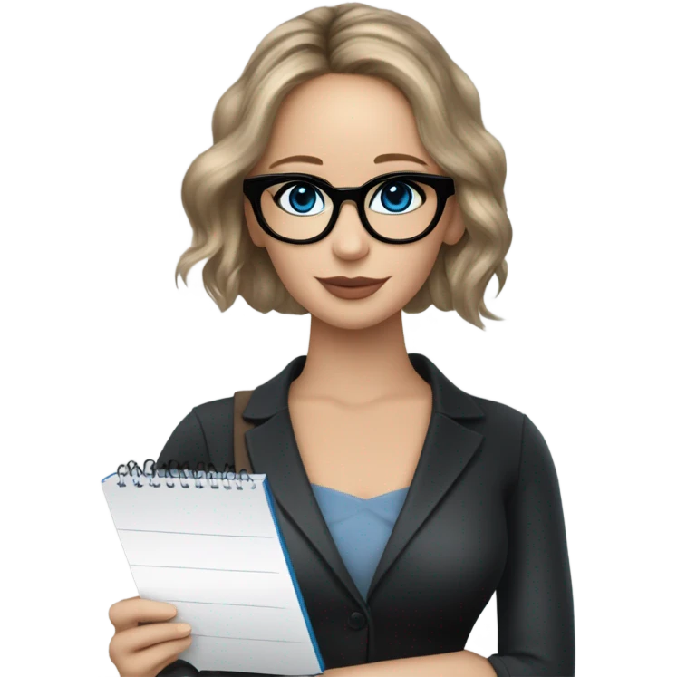 Realistic Photo of Brunette Jennifer Lawrence wearing black glasses and blue eyes holding notepad and pen emoji